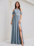 Abito da damigella a linea A in chiffon blu polvere con collo alto e lunghezza fino a terra