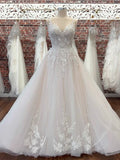 Tulle V-Neck Lace Appliqué Romantic Wedding Dress