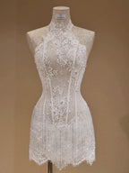 Sheath Halter Lace Beaded Fringe Short Bridal Party Dress