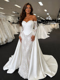Sweetheart 3/4 Lace Sleeve Fitted Wedding Dress With Satin Overskirt And Chapel Train