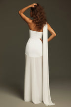 legant Off-Shoulder Gown with Sheer Flowing Skirt Overlay