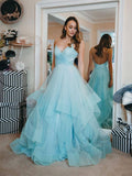 Vestido longo de baile azul A-line com alças finas, decote em V e tule