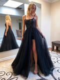 Robe de bal longue noire en tulle à paillettes en ligne A à bretelles spaghetti
