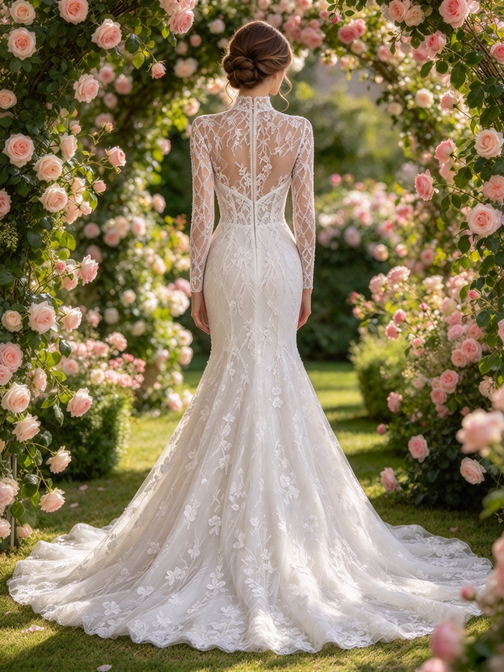 Pure White High Neck Long Sleeve Lace Mermaid Wedding Dress
