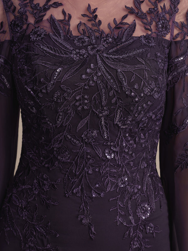 Etui/Säulen Kleid mit Rundhalsausschnitt, 1/2-Arm, bodenlang, Spitze und Chiffon, Mutter der Braut Kleid mit Pailletten
