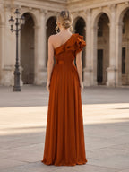 One-Shoulder Ruffled High-Slit Rust Orange Evening Dress