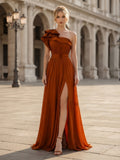 One-Shoulder Ruffled High-Slit Rust Orange Evening Dress