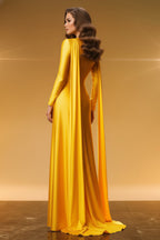 High-Neck Long Sleeve Gown with Crystal Detail and Side Cutouts