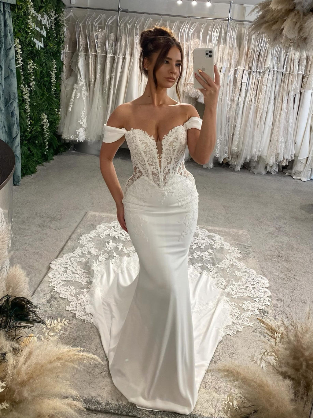 Off-Shoulder Lace Corset Mermaid Satin Wedding Dress With Illusion Button Back And Oversized Train