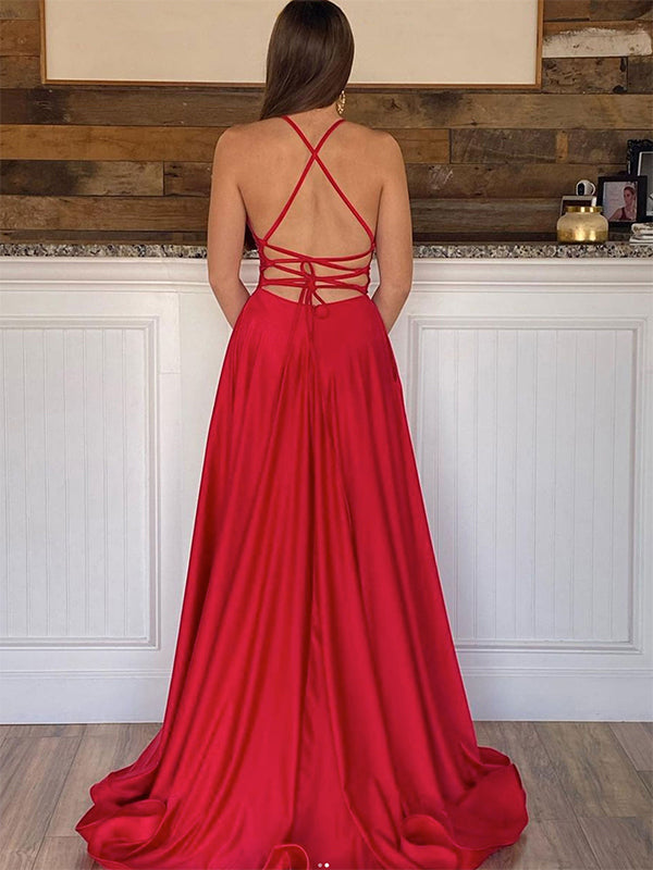 Abito lungo da ballo rosso a linea A in raso con spalline sottili e scollo a V con spacco