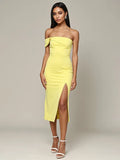 Evening Dress Yellow One Shoulder Pleated Slit Mid-length Dress