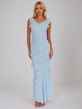Blue Chiffon Sheath/Column Cowl Neck Sleeveless Floor Length Bridesmaid Dresses