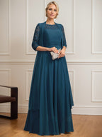 Vestido para madre de la novia línea A con escote redondo ilusión, largo hasta el suelo, encaje y chiffon plisado