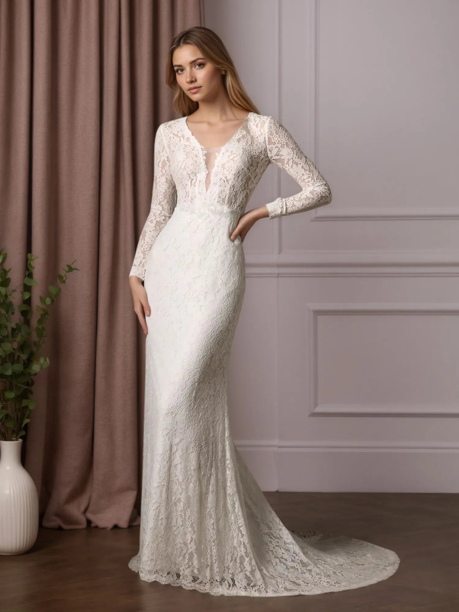 Vestido de novia blanco ajustado con escote en V y tul