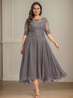 A-Linien Bootsausschnitt Illusionskleid mit asymmetrischem Chiffon-Spitzenstoff, Mutter-der-Braut-Kleid mit Paillettenperlen