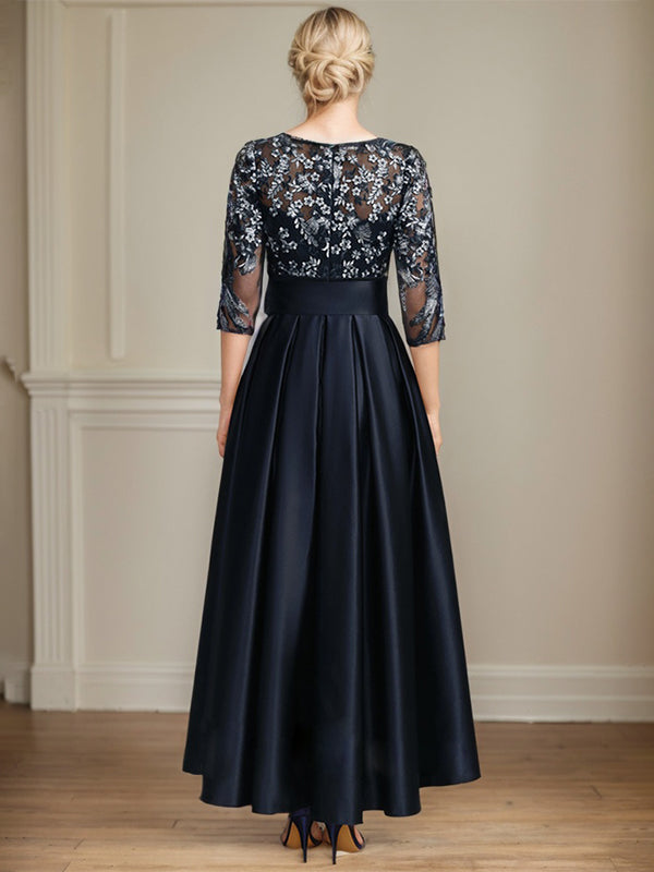 A-Linien-Kleid mit Rundhalsausschnitt, Illusionseffekt, asymmetrischem Satin-Spitzenstoff und Schleife für die Brautmutter