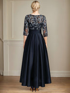 A-Linien-Kleid mit Rundhalsausschnitt, Illusionseffekt, asymmetrischem Satin-Spitzenstoff und Schleife für die Brautmutter