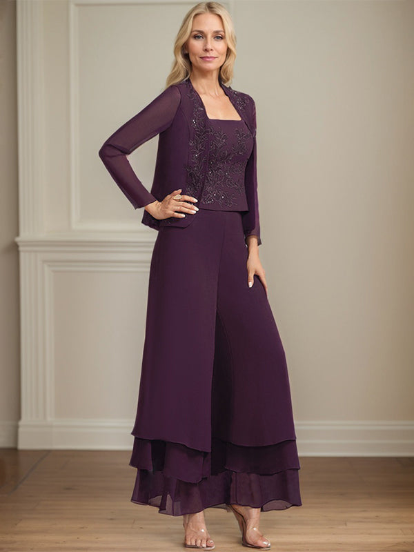 Conjunto separado mono/pantalón de encaje y gasa hasta el tobillo para madre de la novia con lentejuelas