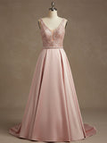 Pink A-line V-Neck Floor-Length Satin Lace Prom Dress With Sequins