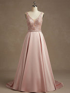 Pink A-line V-Neck Floor-Length Satin Lace Prom Dress With Sequins
