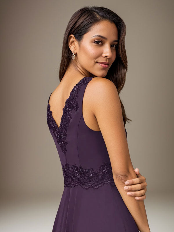 Pflaume A-Linie Pailletten Chiffon Kleid
