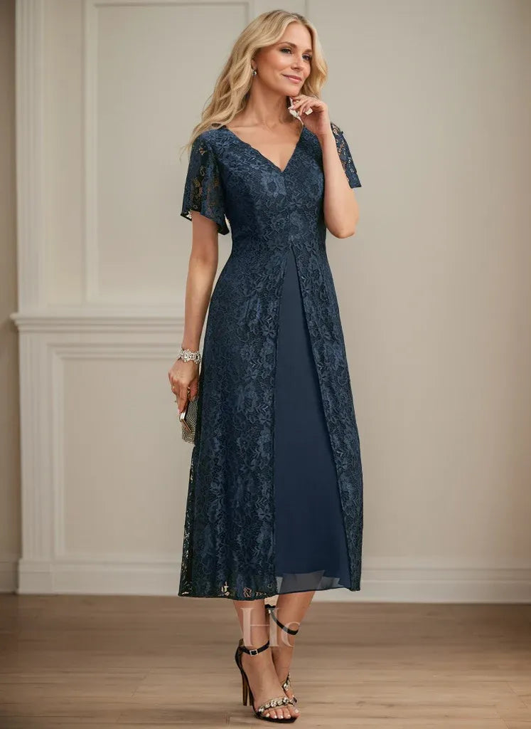 A-Linien V-Ausschnitt tea-langes Spitzen-Chiffon-Mutter-der-Braut-Kleid