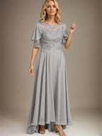 A-Linien Kleid mit Scoop-Ausschnitt, Illusion, asymmetrischem Chiffon und Spitzen, Mutter-der-Braut-Kleid mit Perlenbesatz