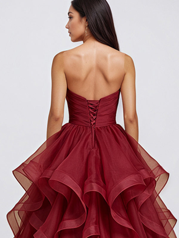 Burgundy A Line Strapless Wrinkles Long Formal Evening Dress