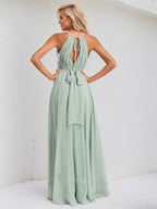 Agave Chiffon A Line Halter Neck Sleeveless Asymmetrical Bridesmaid Dress With Ruffle