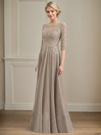 A-line Scoop Illusion Floor-Length Lace Chiffon Mother of the Bride Dress With Sequins