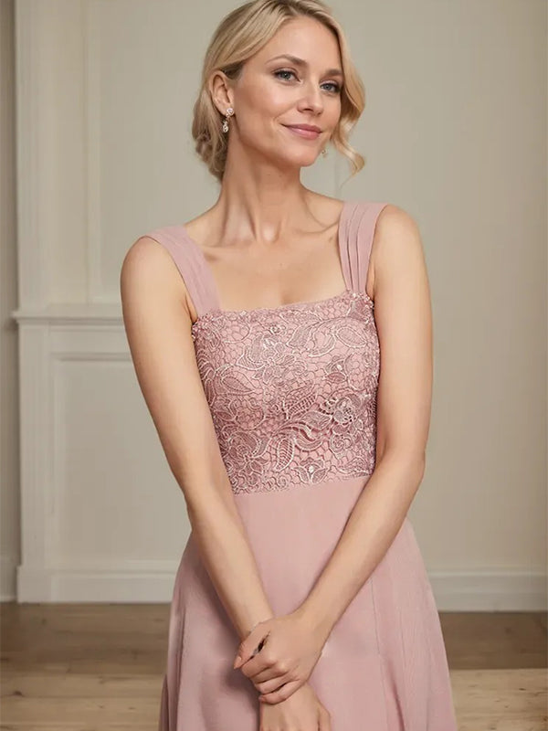Vestido de mãe da noiva em chiffon e renda, linha A, comprimento tea, decote quadrado com bordados de lantejoulas
