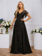Sheath/Column Illusion V-Neck Floor-Length Sequin Chiffon Lace Evening Dress With Overskirt