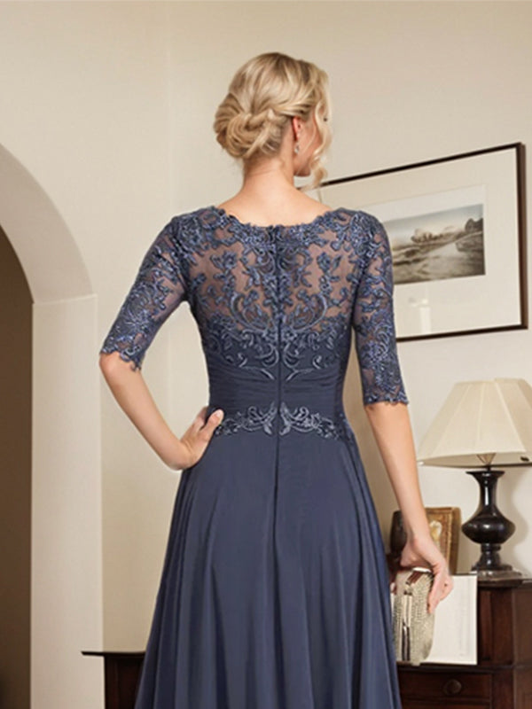A-Linien Ausschnitt Illusions-Bodenlanges Chiffon-Spitzenkleid für die Mutter der Braut mit plissierten Pailletten