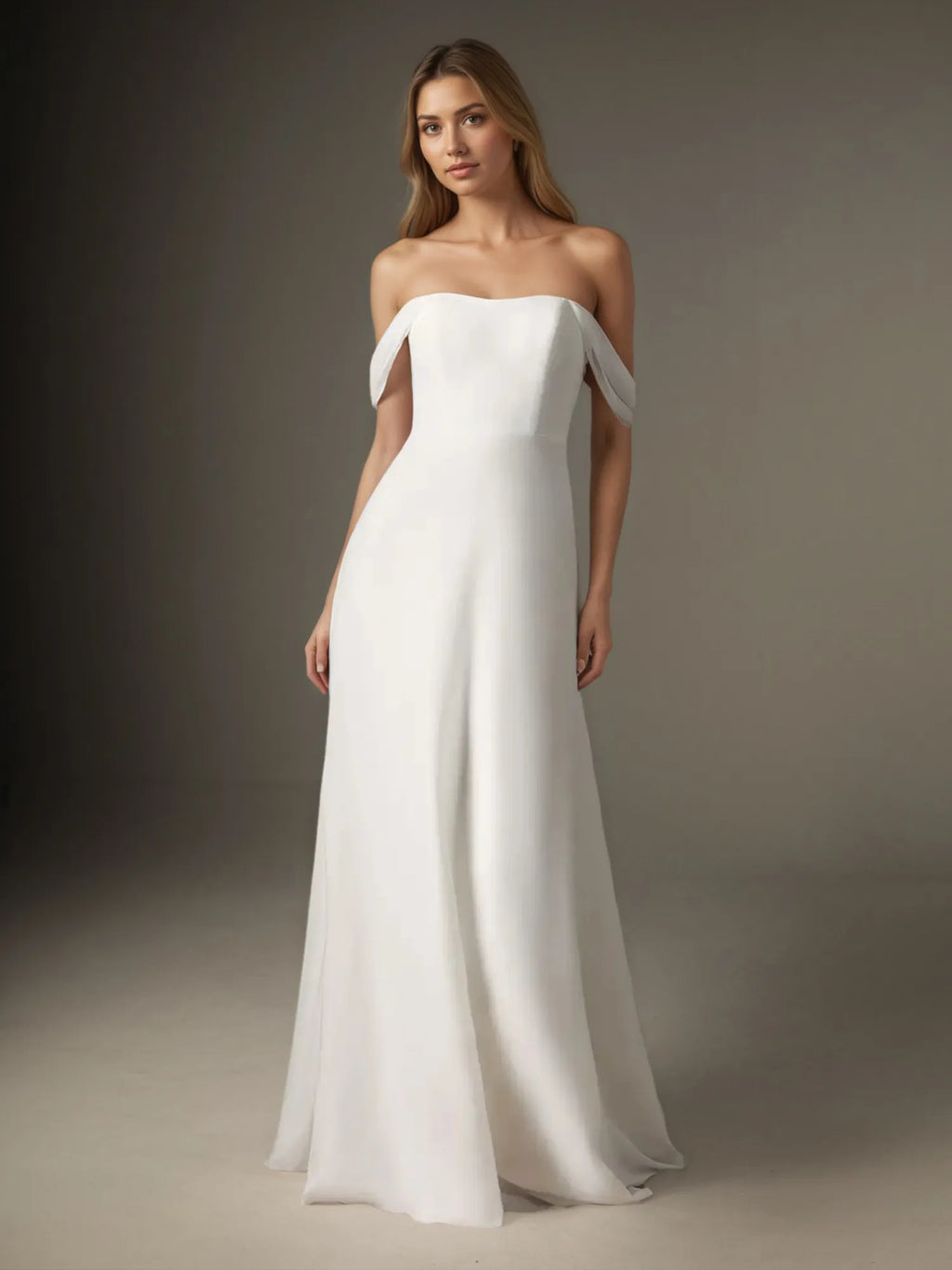 Abito da sposa bianco a linea ad A con scollo a barca e chiffon elasticizzato senza spalline
