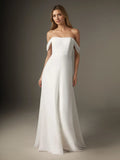 Abito da sposa bianco a linea ad A con scollo a barca e chiffon elasticizzato senza spalline