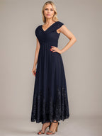 A-Linien V-Ausschnitt Knöchellanges Chiffon Kleid der Brautmutter mit Applikationen und Pailletten