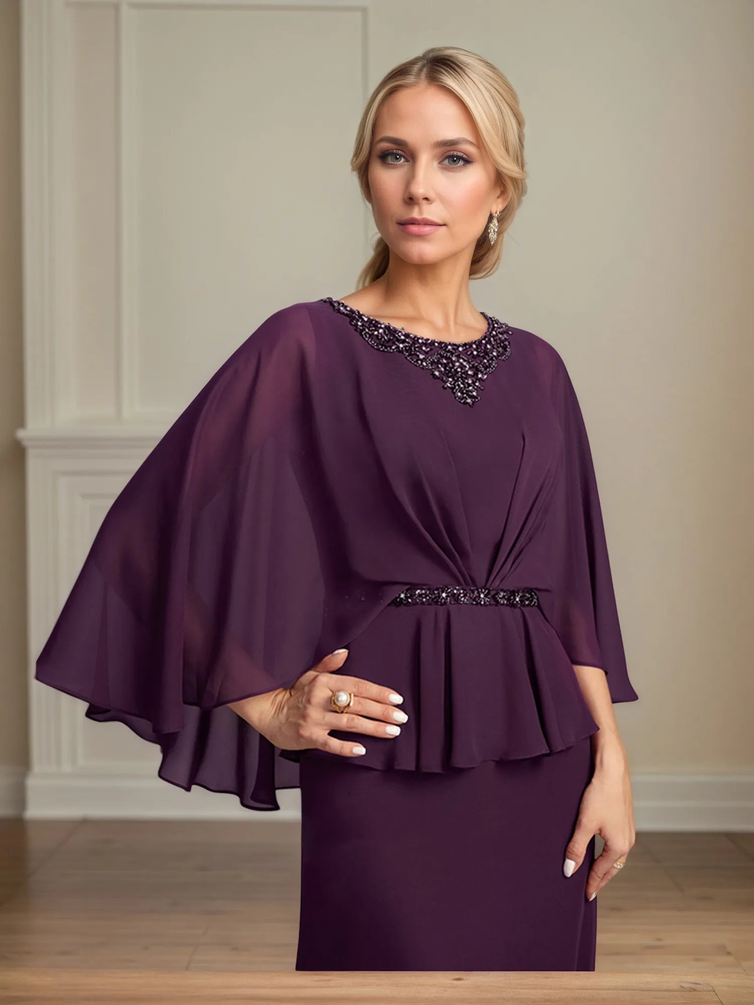 Vestido de madre de la novia en línea A, escote redondo, largo hasta el suelo, de gasa con lentejuelas plisadas y abalorios