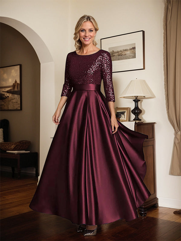 Glitzerndes marineblaues Satin Kleid mit Rundhalsausschnitt und Pailletten für die Mutter der Braut