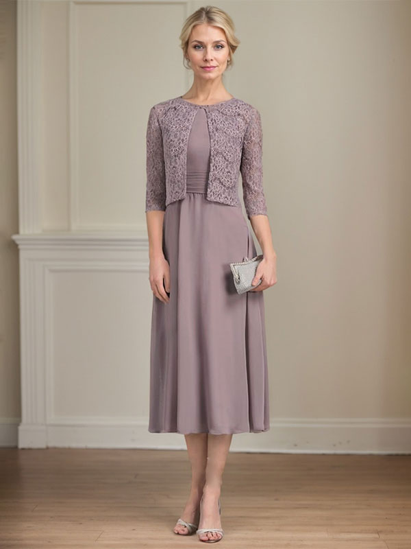 Robe de mère de la mariée en mousseline longueur thé ligne A à encolure dégagée avec plis