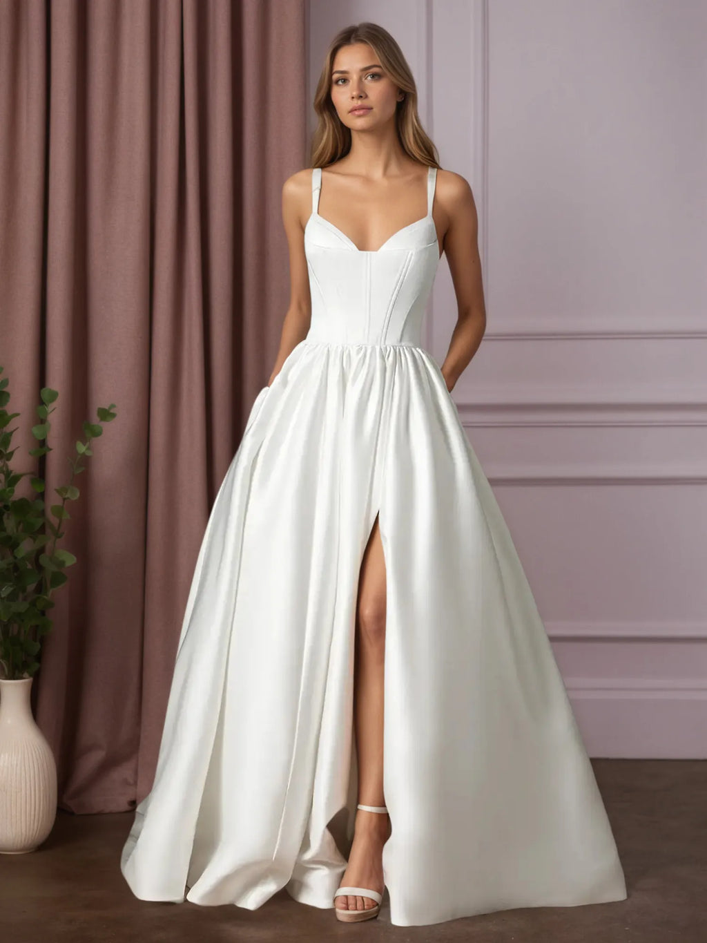 Abito da sposa bianco a gonna ampia con tasche in raso doppio
