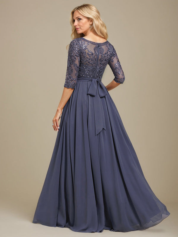 Vestido largo hasta el suelo en línea A con escote redondo, encaje y gasa para madre de la novia con apliques de lentejuelas