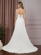 Abito da sposa bianco in chiffon a linea ad A con scollo a V e senza maniche, con paillettes
