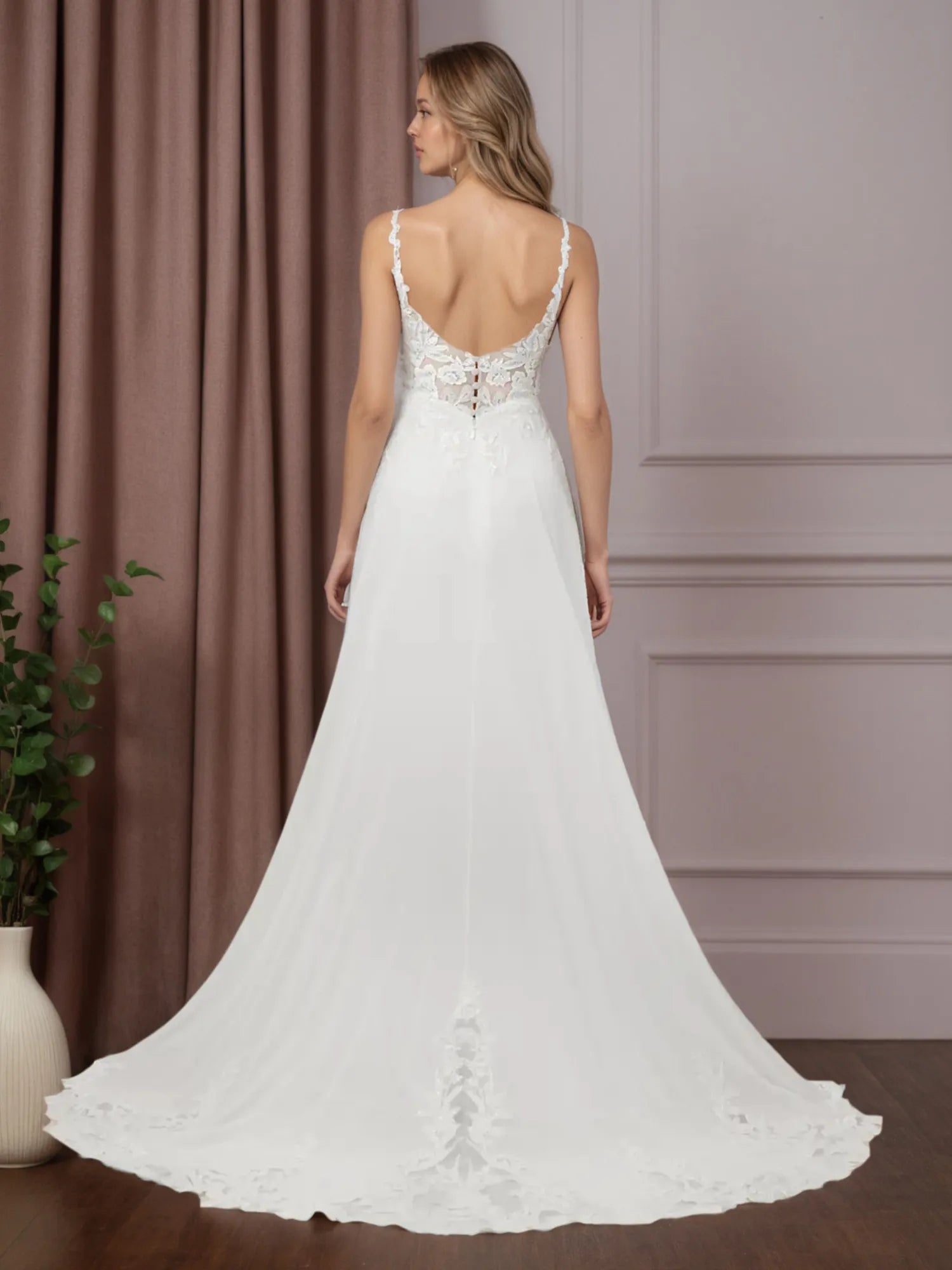 Abito da sposa bianco in chiffon a linea ad A con scollo a V e senza maniche, con paillettes