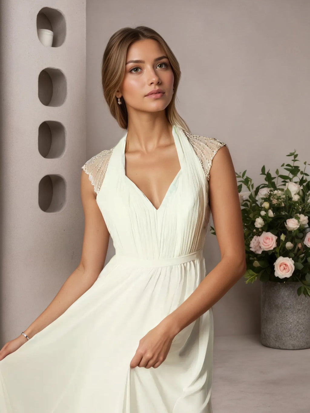 Cremefarbenes, plissiertes Chiffonkleid in A-Linie