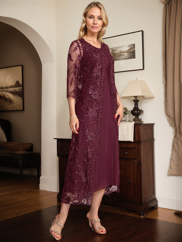 Cabernet A-Linien Rundhals Tee-Länge Spitzen-Chiffon Kleid für die Brautmutter
