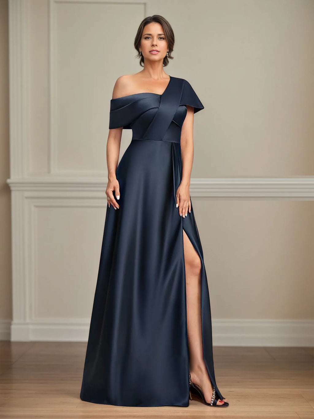 A Line Asymmetrical Floor-Length Satin Mother of the Bride Dress With Pleated