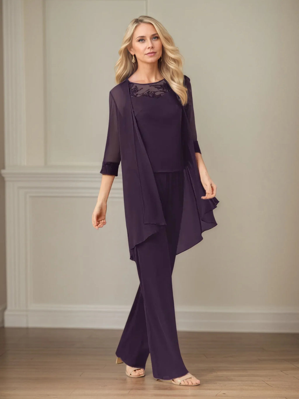 Mono/traje pantalón para madre de la novia, escote redondo, mangas 3/4 y chiffon