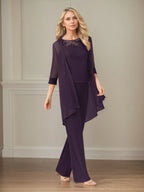 Mono/traje pantalón para madre de la novia, escote redondo, mangas 3/4 y chiffon