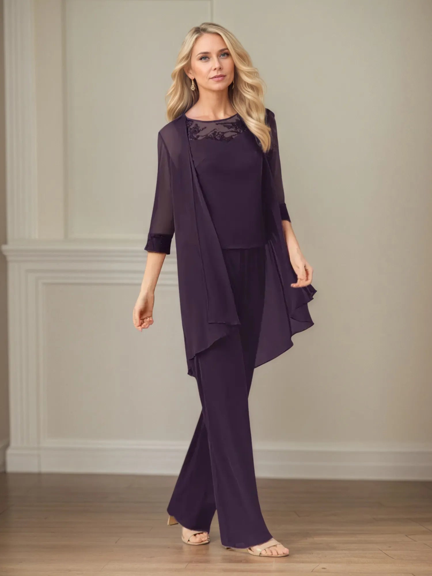 Mono/traje pantalón para madre de la novia, escote redondo, mangas 3/4 y chiffon
