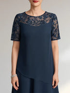 A-line Scoop Illusion Knee-Length Lace Chiffon Mother of the Bride Dress With Sequins